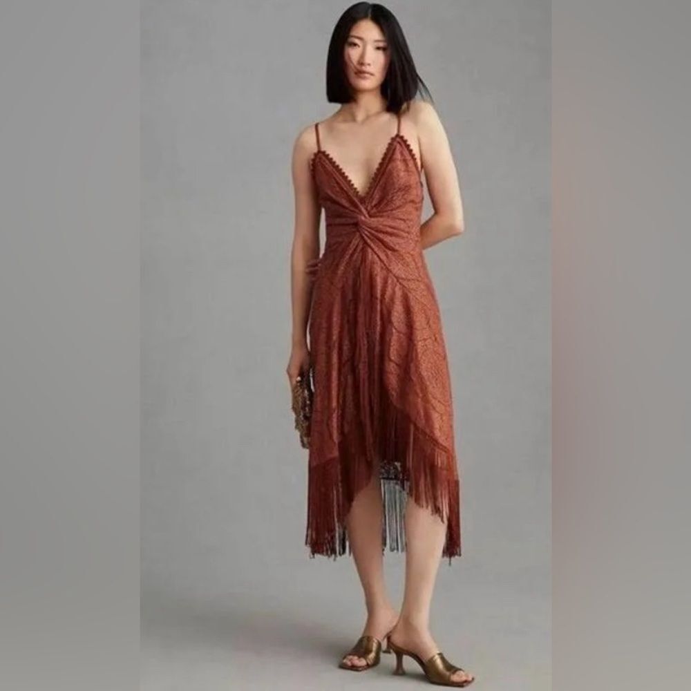 Anthropologie Bhanuni By Jyoti Crochet Fringe Brown Dress Size 6 Cooper